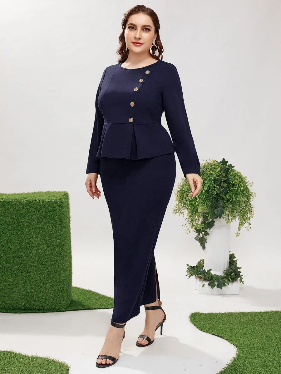 Bộ thời trang Plus Size Viên lá sen Chia Nút giả màu trơn Thanh lịch - Màu xanh hải quân - Xem 1