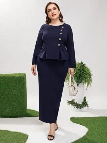 Bộ thời trang Plus Size Viên lá sen Chia Nút giả màu trơn Thanh lịch - Màu xanh hải quân - Xem 4