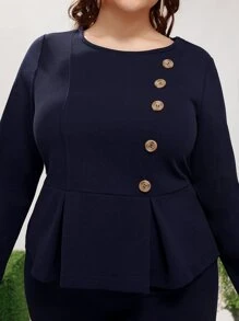 Bộ thời trang Plus Size Viên lá sen Chia Nút giả màu trơn Thanh lịch - Màu xanh hải quân - Xem 6