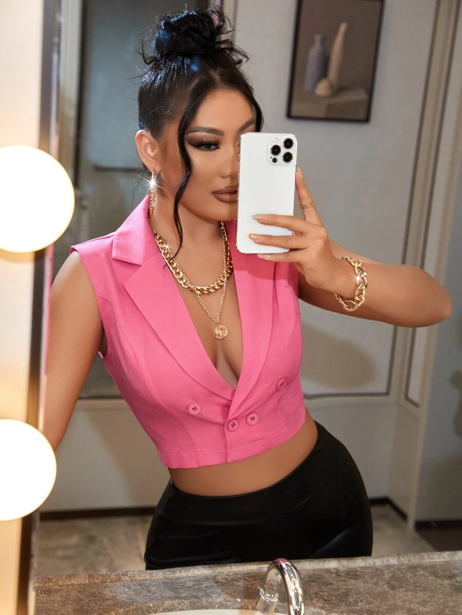 SHEIN SXY 雙排釦短款馬甲西裝外套 - 粉色 - 查看 1