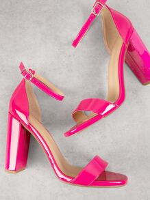前衛踝帶平底涼鞋適用於女士人造漆皮螢光紅粗跟涼鞋 - 粉色 - 查看 1