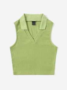 SHEIN EZwear Áo hai dây Gân đan màu trơn Giải trí - Màu xanh chanh - Xem 4