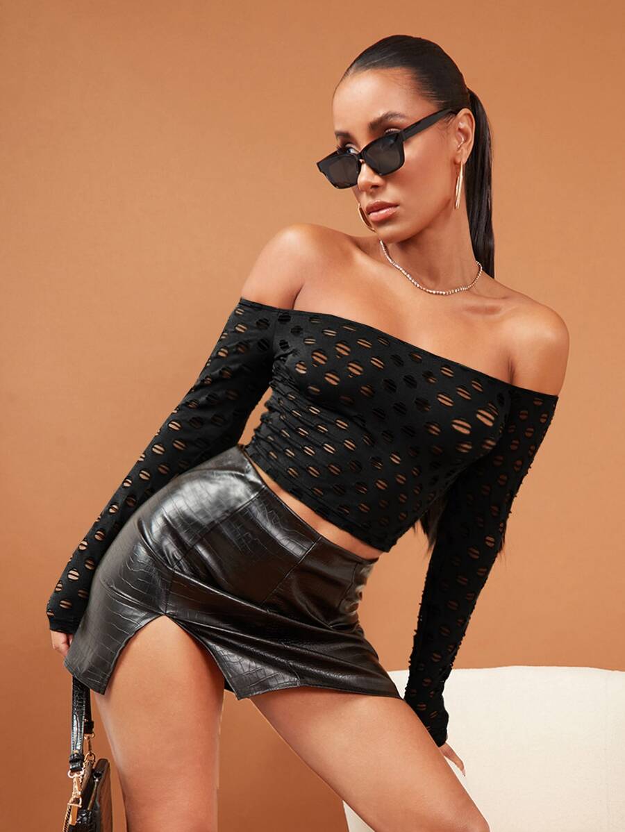 SHEIN BAE Solid Off Shoulder Ripped Crop Tee - Black - View 1