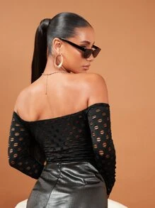SHEIN BAE Solid Off Shoulder Ripped Crop Tee - Black - View 2