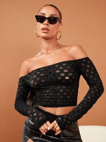 SHEIN BAE Solid Off Shoulder Ripped Crop Tee - Black - View 4