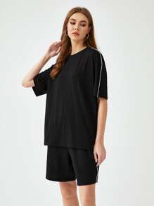 Manfinity RebelGame 1pc Men's Loose Fit Contrast Piping Drop Shoulder T-Shirt & 1pc Shorts - Black - View 8