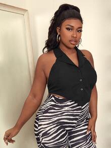 Slaydiva Plus Tie Backless Hanky Hem Halter Top - Black - View 3