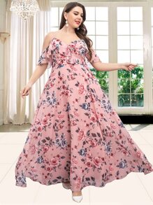 Đầm Plus Size Xù Hoa Tất cả trên in Hấp dẫn - Hồng - Xem 1