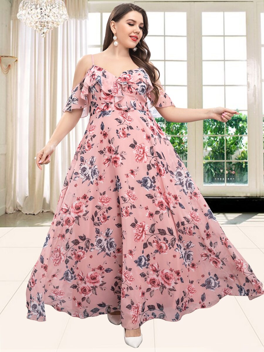 Đầm Plus Size Xù Hoa Tất cả trên in Hấp dẫn - Hồng - Xem 1