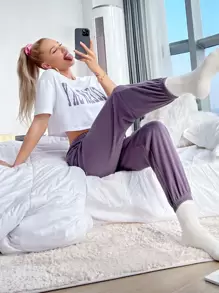 Letter Graphic Tee And Joggers Lounge Set - Multicolor - View 1