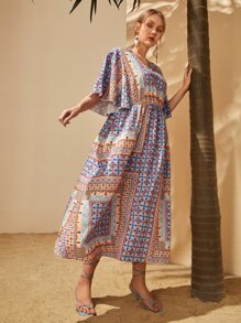 Mulvari 大碼V領蝴蝶袖圍巾圖案連衣裙不附腰帶 - 彩色 - 查看 5