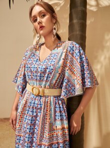 Mulvari 大碼V領蝴蝶袖圍巾圖案連衣裙不附腰帶 - 彩色 - 查看 6