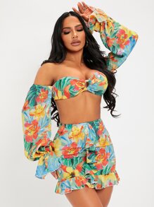 SHEIN SXY 印花O形環細節鐘形袖短款上衣和荷葉邊裙子套裝 - 彩色 - 查看 1