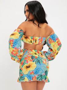 SHEIN SXY 印花O形環細節鐘形袖短款上衣和荷葉邊裙子套裝 - 彩色 - 查看 2