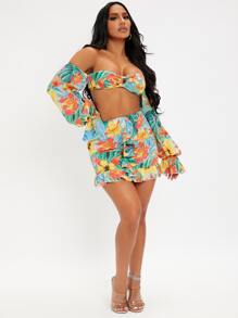 SHEIN SXY 印花O形環細節鐘形袖短款上衣和荷葉邊裙子套裝 - 彩色 - 查看 3