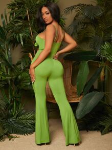 SHEIN SXY 素色前打結鏤空喇叭連身褲 - 青檸色 - 查看 2