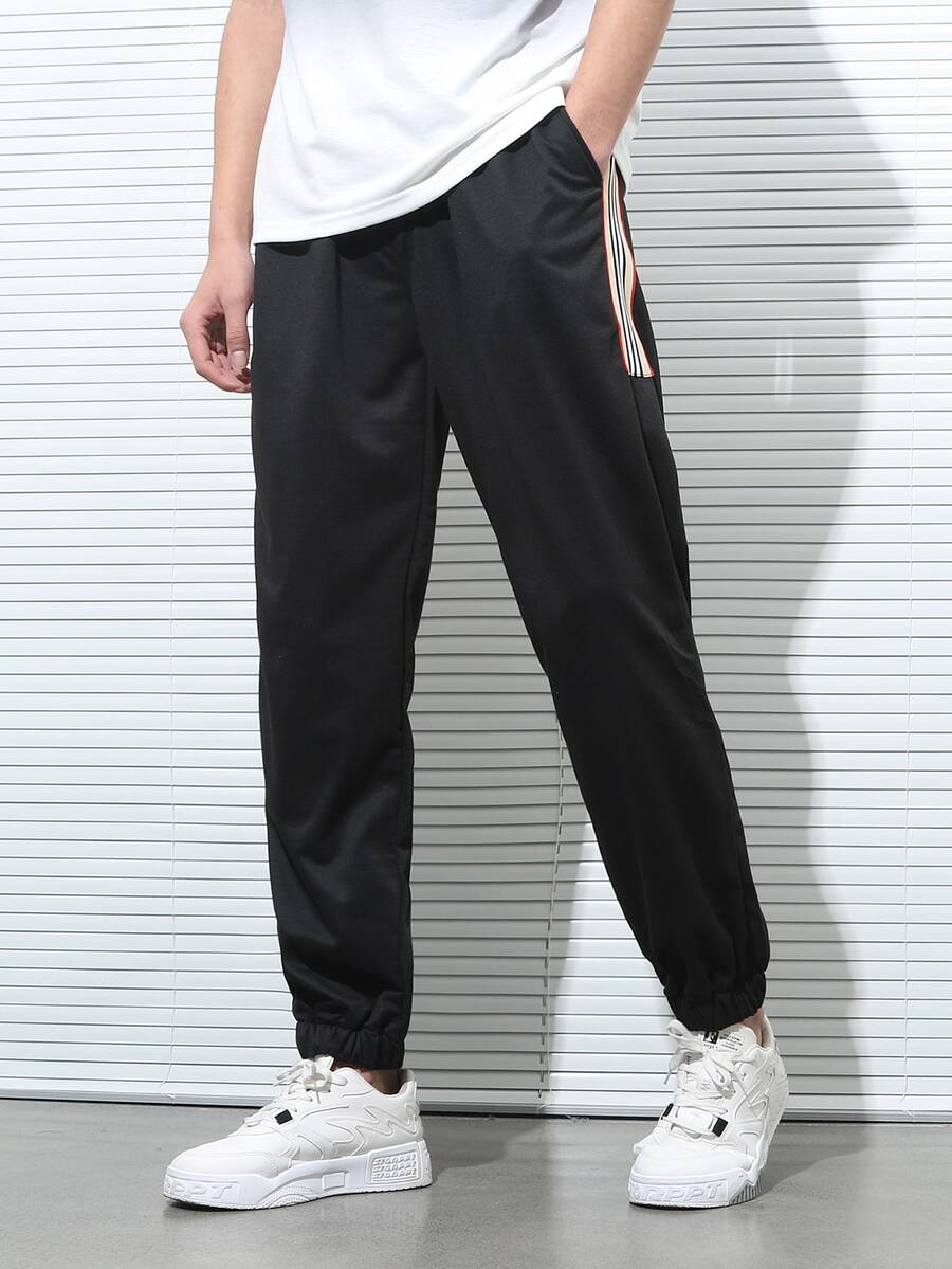 Manfinity Men Contrast Striped Tape Drawstring Waist Sweatpants - Black - View 1