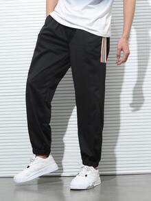 Manfinity Men Contrast Striped Tape Drawstring Waist Sweatpants - Black - View 8