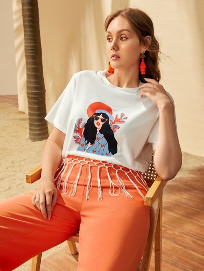 مقاس كبير تي شيرت جرافيك شكل حافة مكشكش