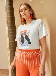 Mulvari 大碼人像圖案流蘇下擺T恤 - 白色 - 查看 3