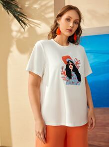 Mulvari 大碼人像圖案流蘇下擺T恤 - 白色 - 查看 2