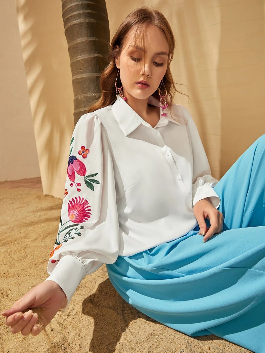 Mulvari Plus Floral Embroidery Lantern Sleeve Shirt - White - View 1