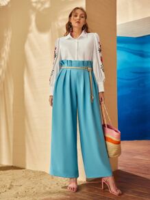 Mulvari Plus Floral Embroidery Lantern Sleeve Shirt - White - View 4