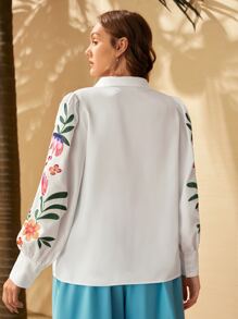 Mulvari Plus Floral Embroidery Lantern Sleeve Shirt - White - View 7