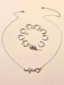 9入組人造珍珠裝飾耳環和1入組項鍊 - 銀色 - 查看 1