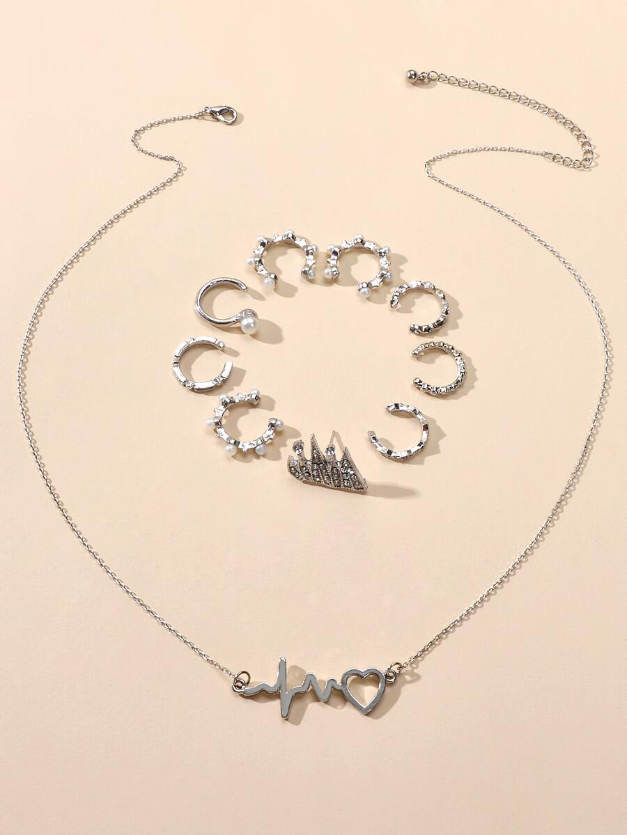 9入組人造珍珠裝飾耳環和1入組項鍊 - 銀色 - 查看 1