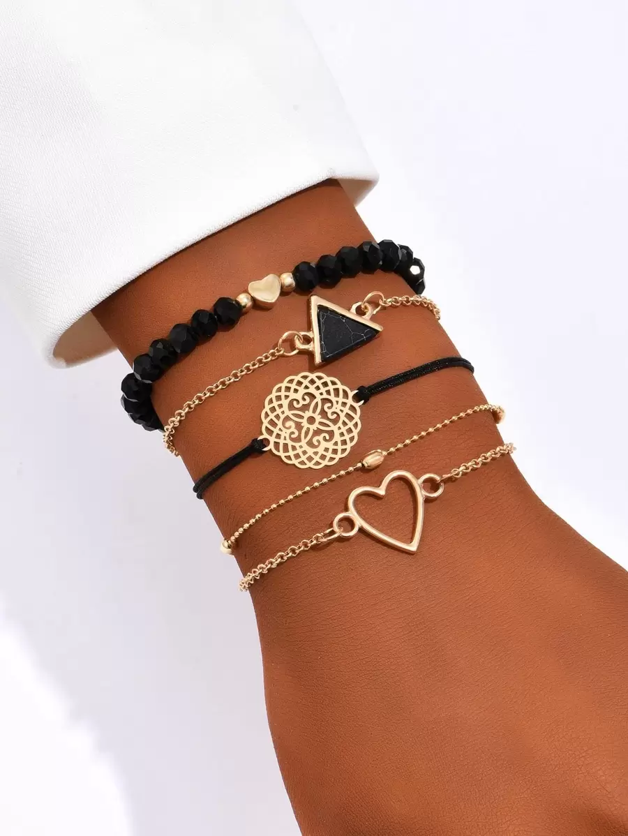 5pcs/Set Bohemian Style Turquoise Beaded Heart Bracelet Set, Suitable For Women's Daily Wear (Length As Stated, Bead Quantity Random) - Black - View 1