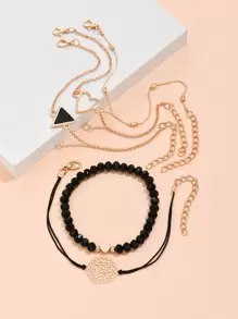 5pcs/Set Bohemian Style Turquoise Beaded Heart Bracelet Set, Suitable For Women's Daily Wear (Length As Stated, Bead Quantity Random) - Black - View 2
