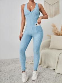 Textured Criss Cross Breathable Softness Sports Jumpsuit - Baby Blue - View 2