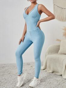 Textured Criss Cross Breathable Softness Sports Jumpsuit - Baby Blue - View 4