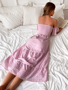 SHEIN Unity 格子圖案一字肩打褶荷葉邊連衣裙 - 彩色 - 查看 2