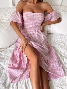 SHEIN Unity 格子圖案一字肩打褶荷葉邊連衣裙 - 彩色 - 查看 4