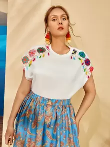 SHEIN VCAY Camiseta con diseño de fleco de manga murciélago - Blanco - Ver 3
