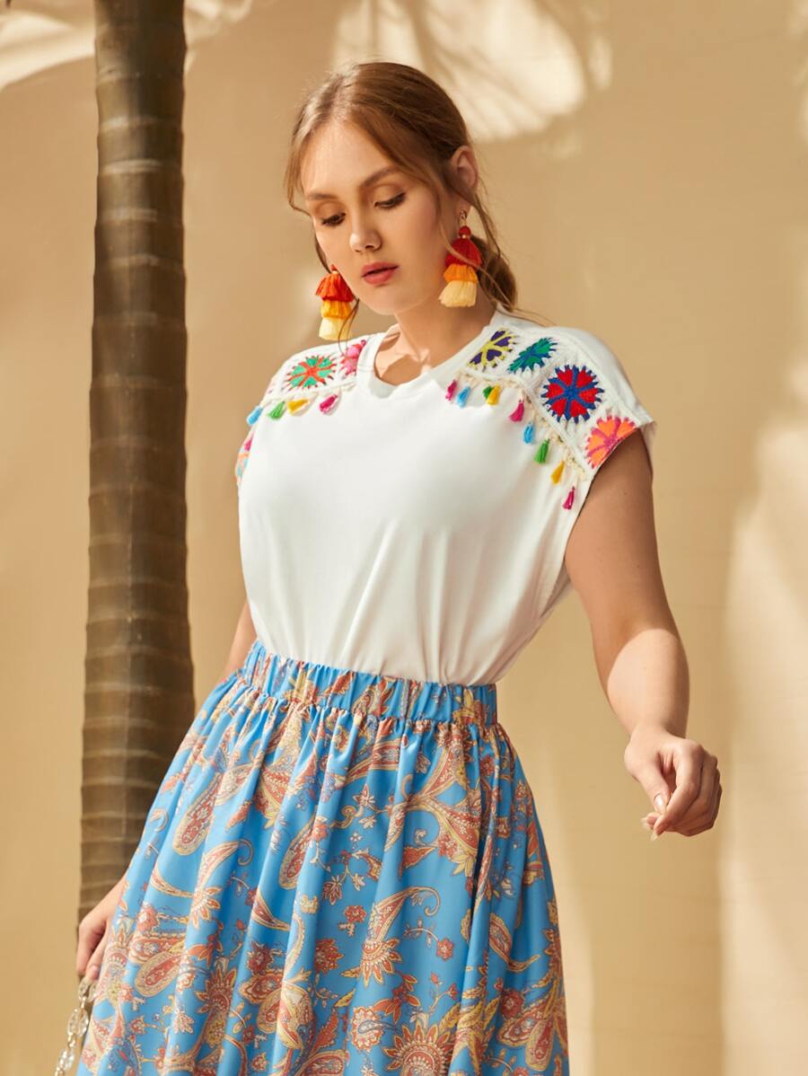 SHEIN VCAY Camiseta con diseño de fleco de manga murciélago - Blanco - Ver 1