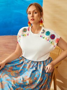 SHEIN VCAY Camiseta con diseño de fleco de manga murciélago - Blanco - Ver 2