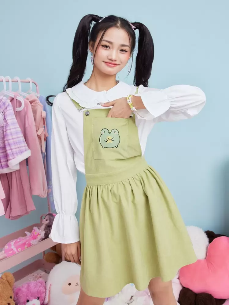 ROMWE Kawaii Frog Embroidery Overall Dress SHEIN