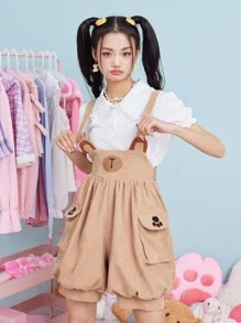ROMWE Kawaii Corduroy Cartoon Embroidery Pocket Pinafore Romper - Khaki - View 1