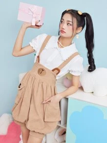 ROMWE Kawaii Corduroy Cartoon Embroidery Pocket Pinafore Romper - Khaki - View 2