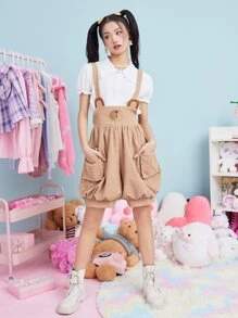 ROMWE Kawaii Corduroy Cartoon Embroidery Pocket Pinafore Romper - Khaki - View 3