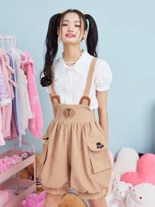 ROMWE Kawaii Corduroy Cartoon Embroidery Pocket Pinafore Romper - Khaki - View 4