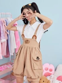 ROMWE Kawaii Corduroy Cartoon Embroidery Pocket Pinafore Romper - Khaki - View 5