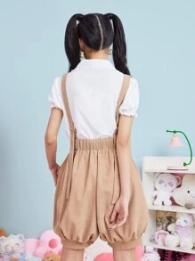 ROMWE Kawaii Corduroy Cartoon Embroidery Pocket Pinafore Romper - Khaki - View 6