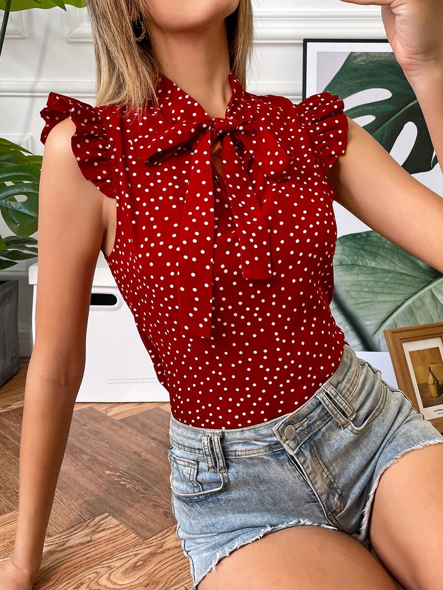 SHEIN Clasi Blusa de lunares de manga con volante de cuello con cordón - Rojo - Ver 1