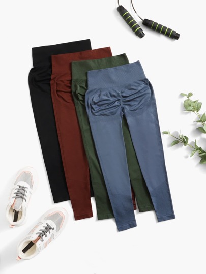 4 pièces Collants fitness sans couture Legging contrôle du ventre de yoga avec trous