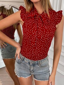 SHEIN Clasi Blusa de lunares de manga con volante de cuello con cordón - Rojo - Ver 5