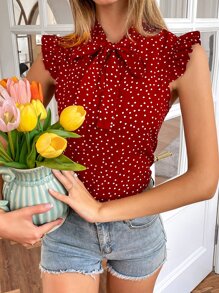 SHEIN Clasi Blusa de lunares de manga con volante de cuello con cordón - Rojo - Ver 6